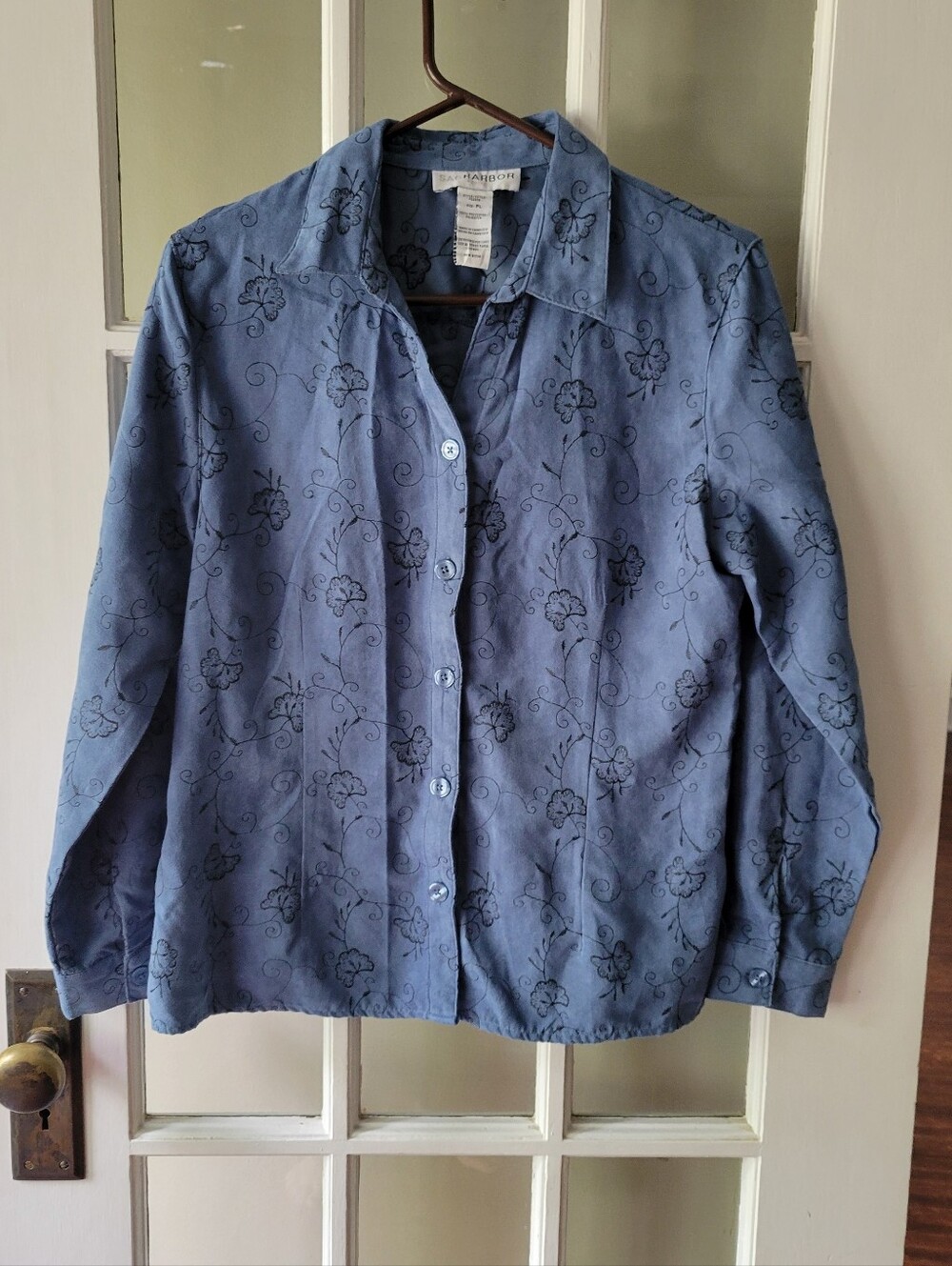Sag Harbor Button Up Shirt Top Floral Embroidered Blue Teal Chic Vintage 90's